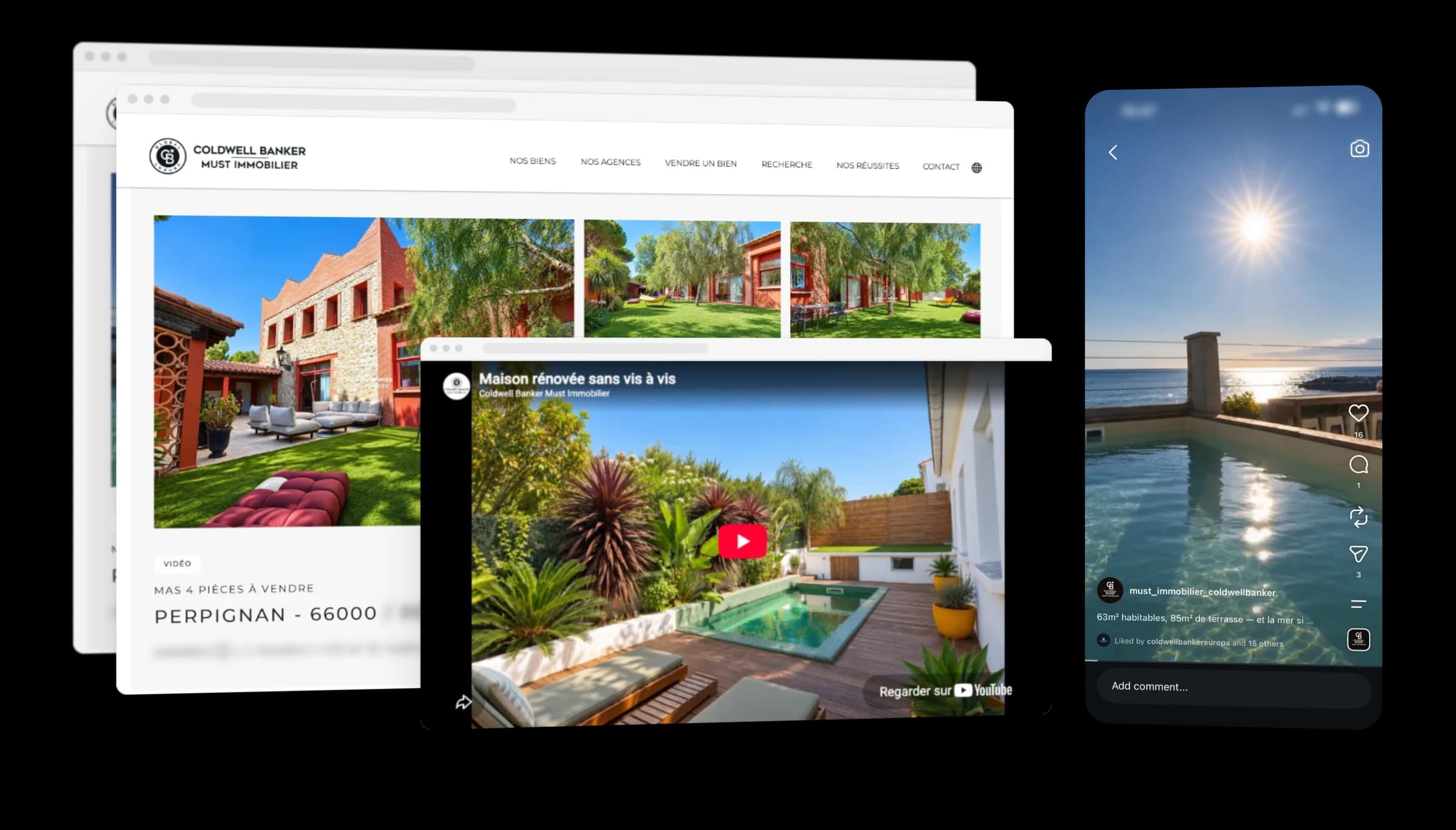 A Must Immobilier property page with its embedded YouTube video, and the same video posted as an Instagram Reel