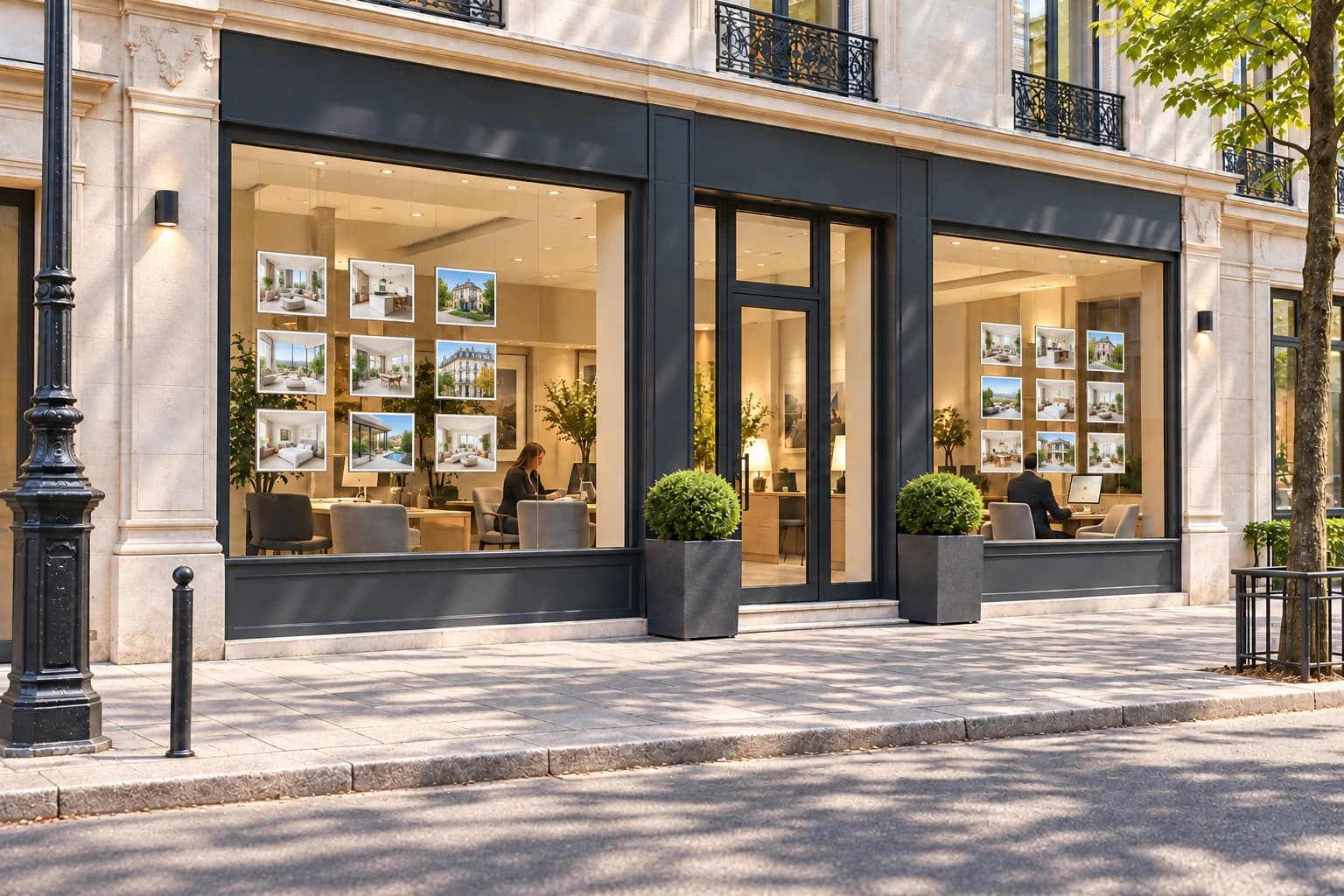 Storefront of a real estate agency on a Parisian street, with property photos displayed in the window and agents at work inside.