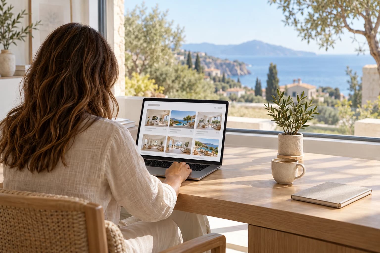 A real estate agent, seen from behind at a desk facing a sea view, browses a grid of listings on her laptop showing bright interiors and villas with pools.