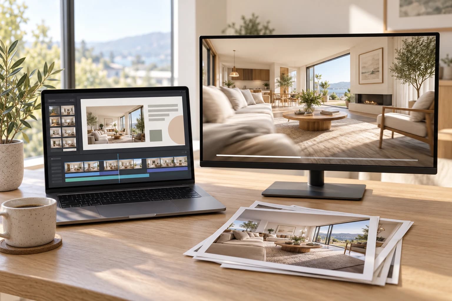 Sur un bureau en bois clair, un ordinateur portable affiche un logiciel de montage avec une frise de photos fixes, à côté d’un écran qui diffuse en plein format la vidéo immersive d’un séjour lumineux, des tirages photo posés devant.