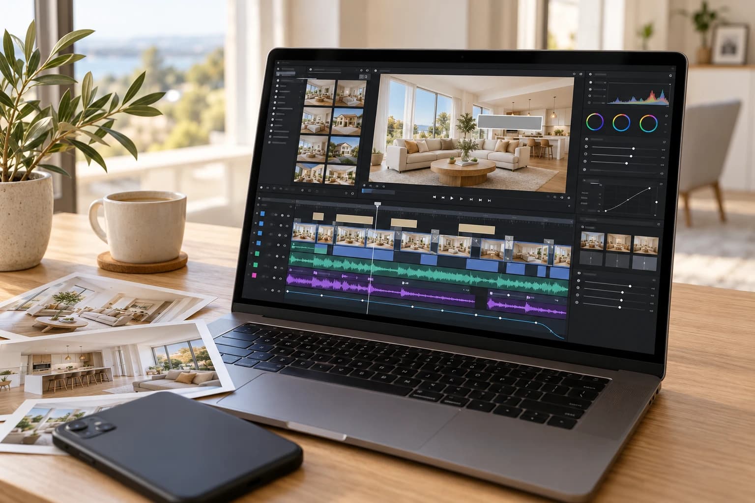 A laptop on a light wood desk shows a busy video editing app: a multi-track timeline of room photos, audio tracks and color settings, next to printed photos of an apartment and a smartphone.
