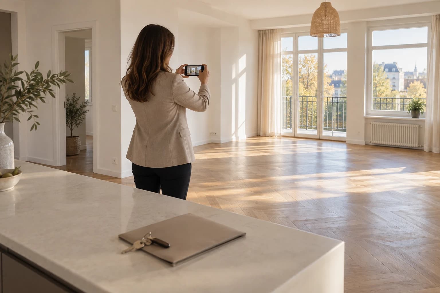 An independent real estate agent films the bright, empty living room of an apartment for sale with a smartphone, keys and a folder resting on the kitchen island.