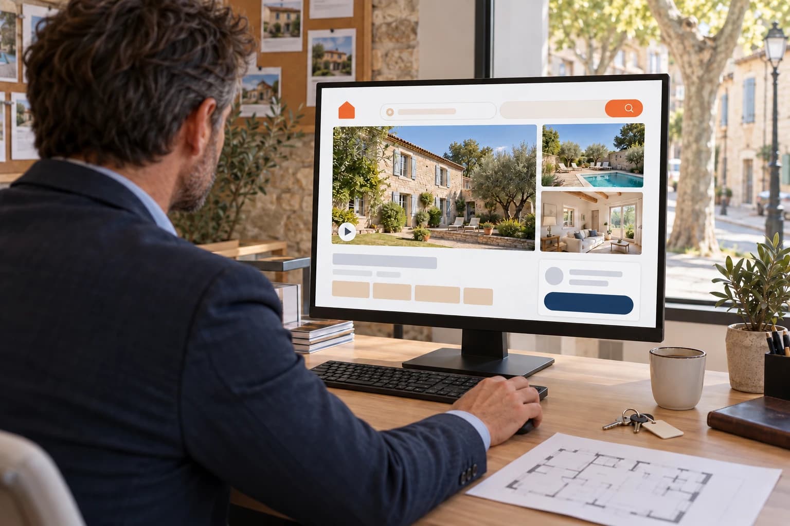 Un agent immobilier, vu de dos dans une agence aux murs de pierre, consulte sur son écran une annonce immobilière : la photo principale d’un mas en pierre avec un bouton de lecture vidéo, une piscine et un séjour en vignettes.