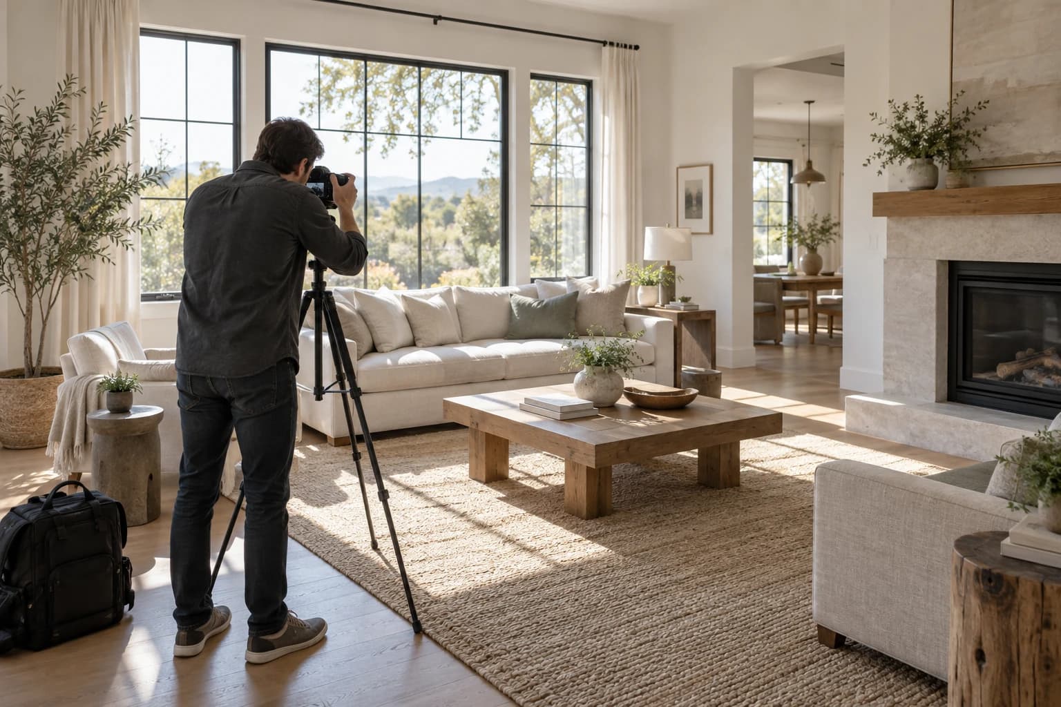 A real estate photographer frames a staged, sunlit living room with a camera on a tripod, a camera bag on the floor.