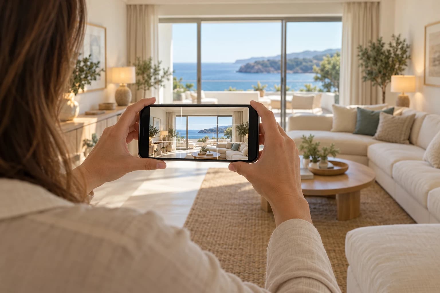 Seen over her shoulder, a real estate agent holds her phone horizontally at chest height to photograph a bright living room with a sea view; the screen shows the same room with the framing grid.