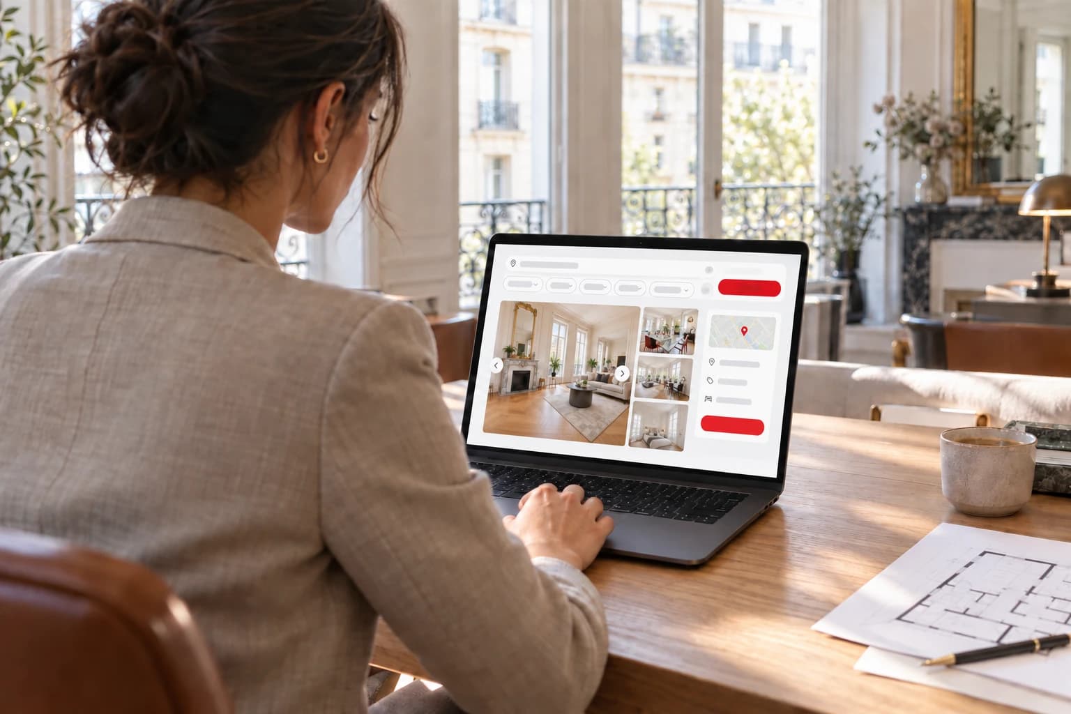 A real estate agent, seen from behind at her desk in a bright Haussmann-style apartment, looks at a property listing on her laptop showing the main photo of a living room, a gallery and a map, with a printed floor plan next to it.