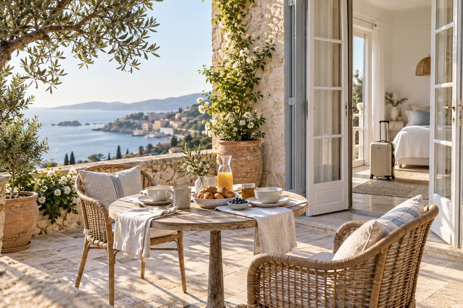 Terrace of a vacation rental overlooking the sea, breakfast set for two, and a suitcase in the bedroom behind the open French doors.