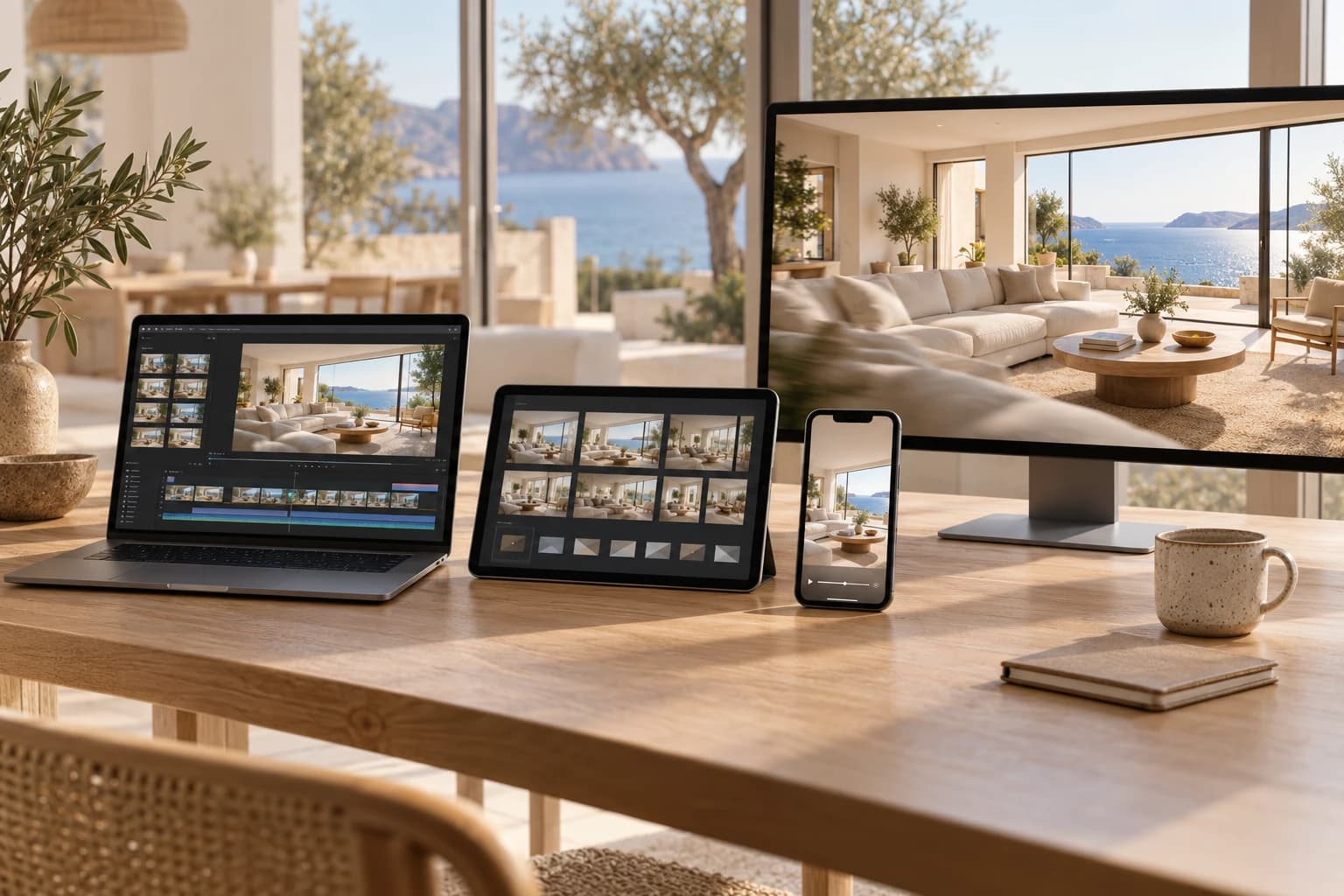 On a light wooden desk facing the sea, a laptop, a tablet, a phone and a large monitor show the same sunlit living room four ways: an editing timeline, a photo grid, a vertical video and a moving camera shot.